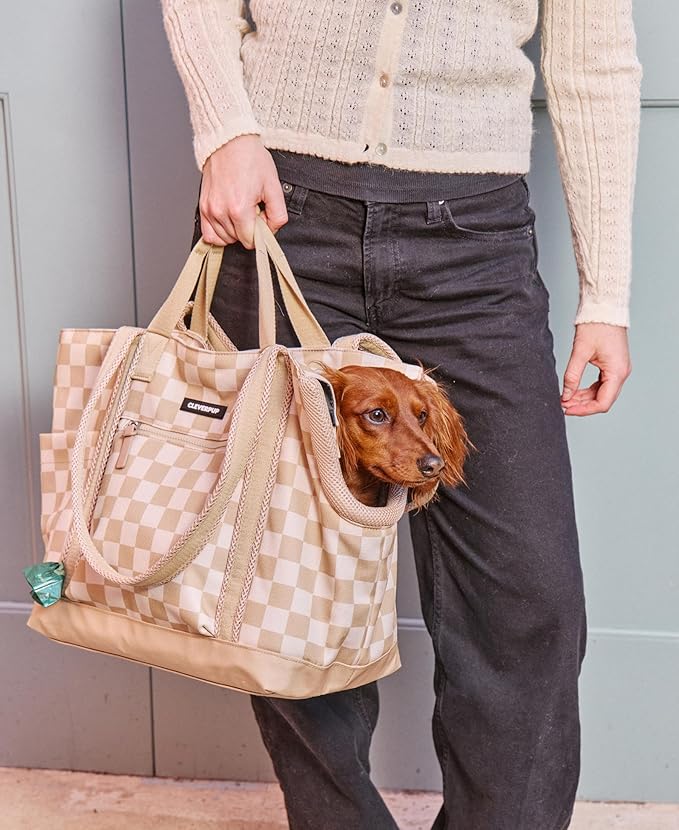 Cleverpup Transit Tote Dog Carrier 4-Piece Set - Premium Lightweight Pet Travel Bag with Plush Teddy Insert, Food Pouch, Air Mesh Opening, Water-Resistant Base & Safety Tether - Medium Checkerboard