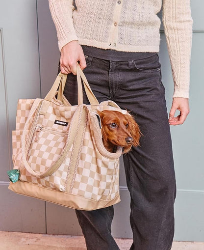 Cleverpup Transit Tote Dog Carrier 4-Piece Set - Premium Lightweight Pet Travel Bag with Plush Teddy Insert, Food Pouch, Air Mesh Opening, Water-Resistant Base & Safety Tether - Medium Checkerboard