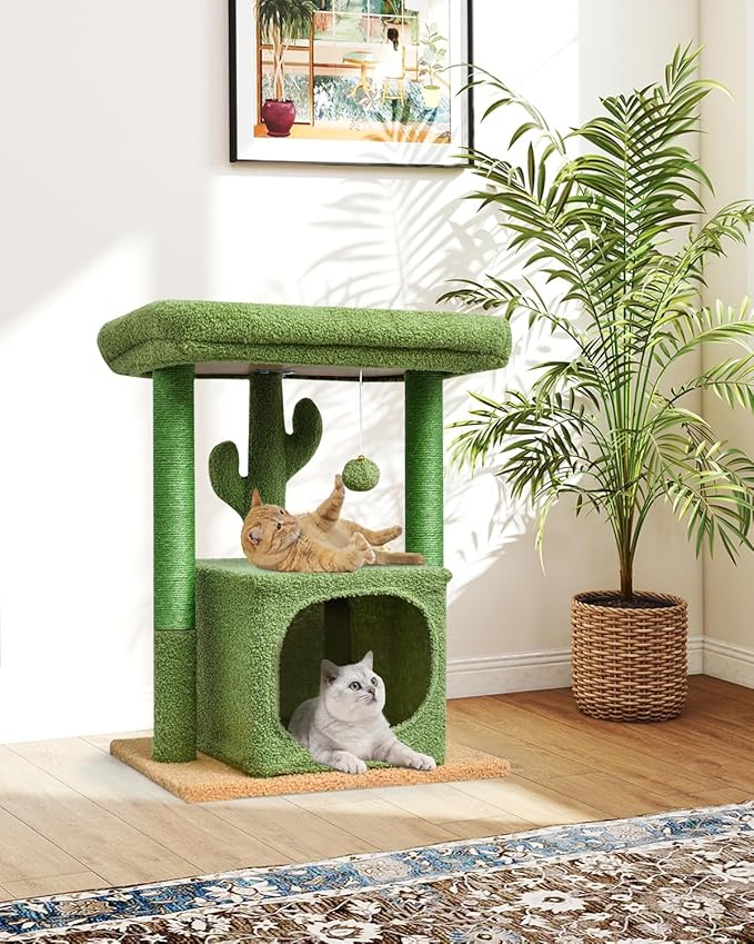 SYANDLVY 27" Cactus Cat Tree for Indoor Cats, Green Activity Tower with Scratching Posts, Modern Kitten Condo with Plush Perch & Hanging Ball for Play