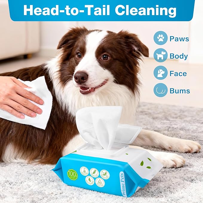 Prime Pets Dog Wipes for Paws and Butt, 300 Count, 8" x 6" Pet Grooming Wipes for Dogs Cats Cleaning Deodorizing, Unscented Dog Paw Wipes, Puppy Wipes for Face Bum Eyes Ears Teeth