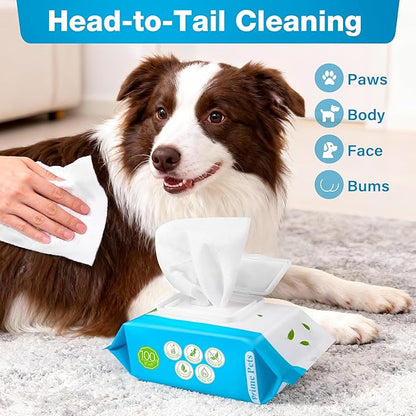 Prime Pets Dog Wipes for Paws and Butt, 300 Count, 8" x 6" Pet Grooming Wipes for Dogs Cats Cleaning Deodorizing, Unscented Dog Paw Wipes, Puppy Wipes for Face Bum Eyes Ears Teeth