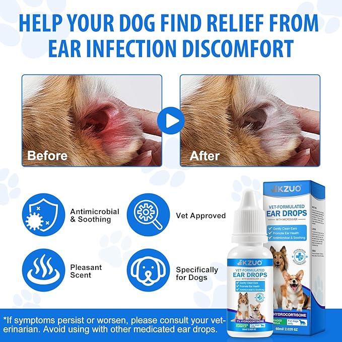 Dog Ear Infection Treatment, Dog Ear Drops with 1% Hydrocortisone for Dog, for Dog Yeast Infection, Soothe Itching, Redness, & Swelling - Vet Recommended