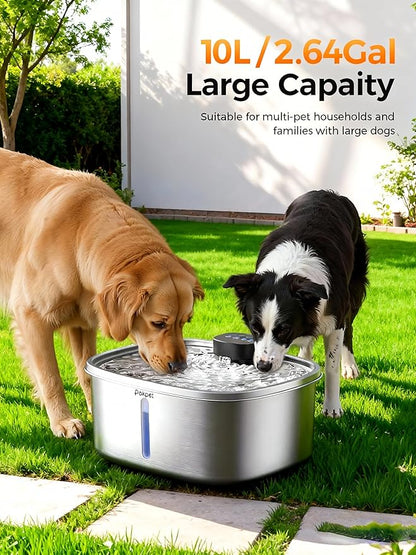Water Fountain for Dogs Home Outdoor Multi-Pet Stainless Steel 10L/2.64gal Wireless Large Dogs Motion Sensor Dispenser Filtered Cordless Bowl Waterer -Wireless Stainless Steel&8Filters