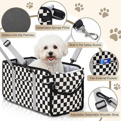 Portable Dog Car Seat for Small Dogs - Pet Booster Seat with Safety Leash & Anti-Collapse Design, Washable Cushion - Center Console Car Travel Carrier for Pets Up to 12 lbs, Black Checkered