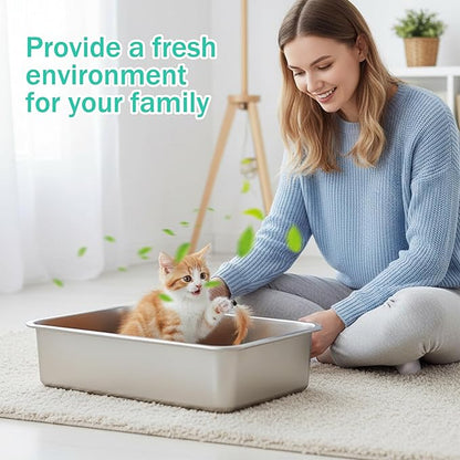 Low Entry Cat Litter Box, 15.7"×11.8"×2.8" Stainless Steel Kitten Litter Box for Small Cat, Kitty Shallow Litterbox for Guinea Pig, Puppy, Hamsters Toilet