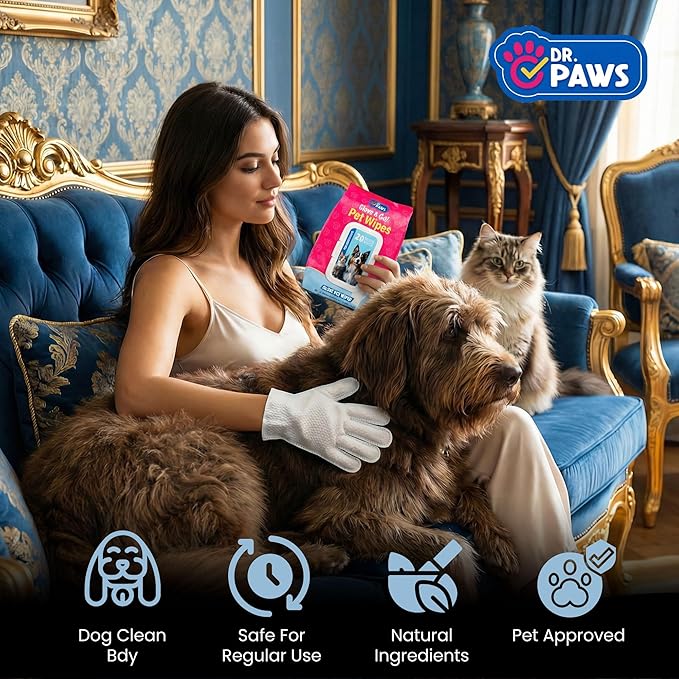 Glove & Go Grooming Wipes for Dogs & Cats - Paraben Free, Alcohol Free, Lick-Safe, Hypoallergenic, Oatmeal Scented Dog Wipes for Paws and Butt, Puppy Wipes (20 Count)