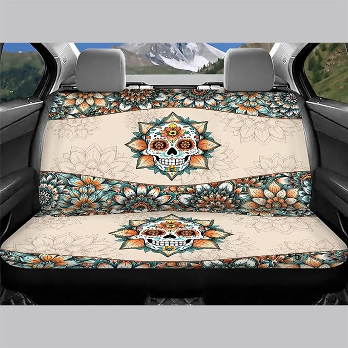 AFPANQZ Skull Boho Flower Car Seat Cover for Women Men Polyester Fabric Protector Accessories Soft Washable Decorations Cloth Backseats Rear Seat Cushion Protection