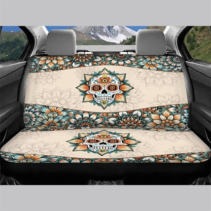 AFPANQZ Skull Boho Flower Car Seat Cover for Women Men Polyester Fabric Protector Accessories Soft Washable Decorations Cloth Backseats Rear Seat Cushion Protection