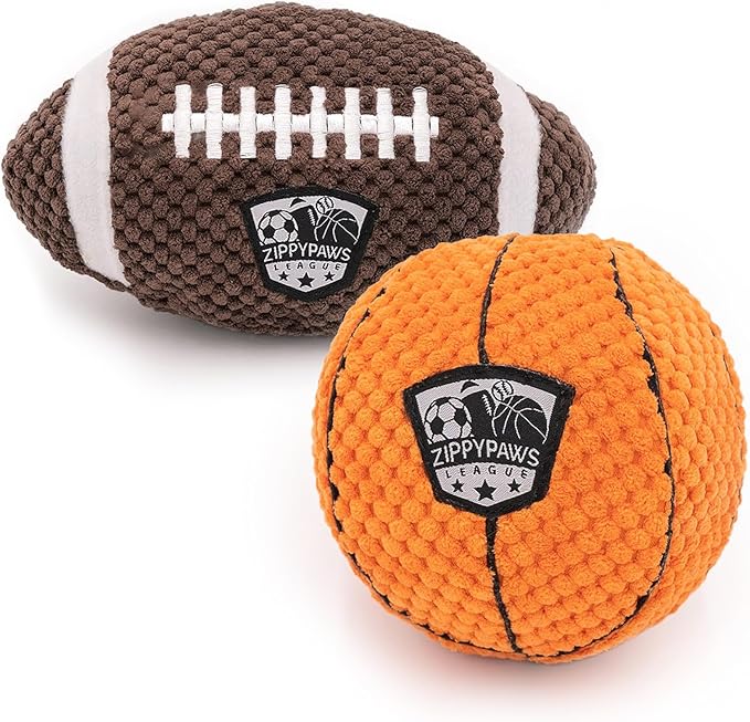 ZippyPaws SportsBallz - Dog Squeaky Toys to Keep Them Busy, Funny Plush for Small, Medium, & Large Dogs, Cute Stuffed Puppy Toy, Pet Products, Gift for All Breeds - Football & Basketball