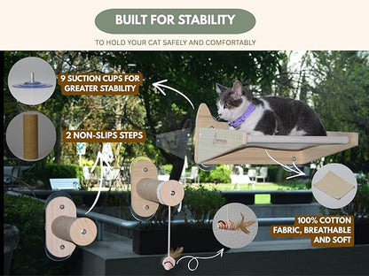 Cat Window Perch & Wall Hammock – 2-in-1 Solid Wood Window Seat with Strong Suction Cups & Wall Mount Option – Indoor Shelf with Climbing Steps + Hanging Toy
