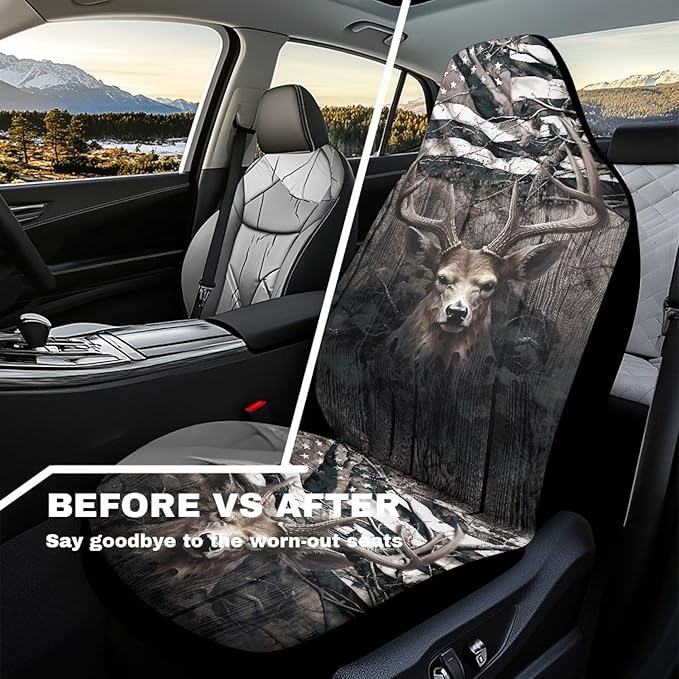 Car Seat Covers 2 Pcs, Waterproof Universal Camo American Flag Deer Hunter Front Seat Protector, Easy Installation Car Interior Accessories Universal for Cars Truck SUV Van