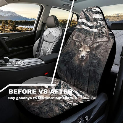 Car Seat Covers 2 Pcs, Waterproof Universal Camo American Flag Deer Hunter Front Seat Protector, Easy Installation Car Interior Accessories Universal for Cars Truck SUV Van