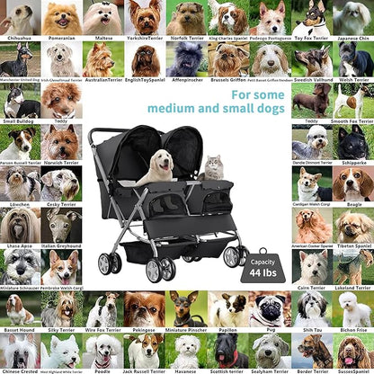 Double Pet Stroller, Foldable Stroller for 2 Dogs & Cats, Two-Seater Carrier Twin Dog Walk Jogger Travel Pet Carriage Cart with Storage, Black