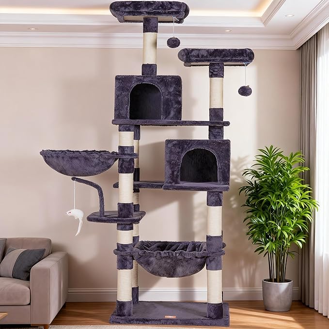 Heybly Cat Tree, 70 inches Tall Cat Tower Condo with Toy for Indoor Large Cats, Cat House Furniture with Padded Plush Perch, Cozy Hammock and Sisal Scratching Posts, Smoky Gray HCT032G