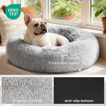 Love's cabin Calming Cat Bed for Indoor Cats, Anti-Anxiety Donut Round Dog Bed, Fluffy Faux Fur Washable Pet Bed for Small Medium Dogs and Cats,Grey,20in