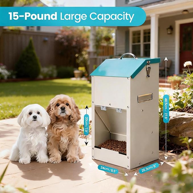 Automatic Dog Feeder Large Breed Outdoor & Indoor Galvanized Dog Food Dispenser 15lbs Wall Mountable Gravity Pet Food Station Auto Feeder Self Feeding with Clear Door for Puppy, Dog, Cat