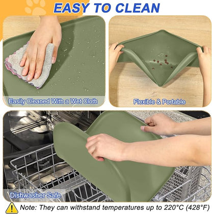 Silicone Pet Feeding Mat with Raised Edge for Food and Water, Dog Bowl Mats, Cat Bowls Placemat with High Lip for Floor Waterproof, Rubber Tray for Cats and Dogs 22 x 14 x0.8 Light Olive Green