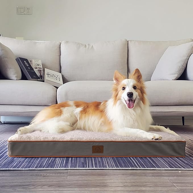 Orthopedic Dog Bed for Large Dogs - Big Waterproof Dog Crate Bed with Removable Washable Cover, Egg Crate Foam Support, Anti-Slip Bottom, Deluxe Plush Pet Bed Mat (Light Grey)