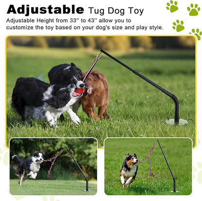 Outdoor Tug of War Dog Toy, Tether Interactive Dog Tug Toy Backyard Heavy-Duty Dog Solo Play Exercise Toy for Large Medium Dogs, Height Adjustable, 2 Rope Toys