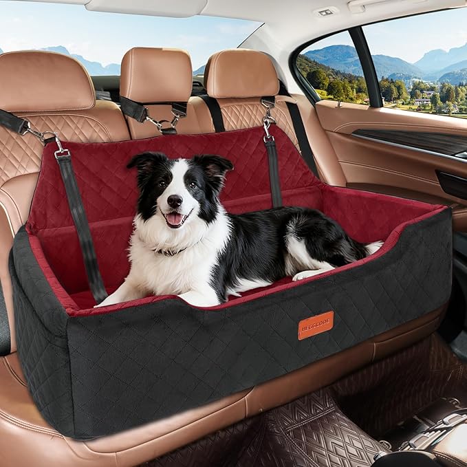 HEGGCOOE Large Dog Car Seat Under 100 lbs, Washable Dog Car Bed for 2 Medium Dogs, Detachable Pet Booster Seat with Storage Pocket and Seat Belt for Back Seat