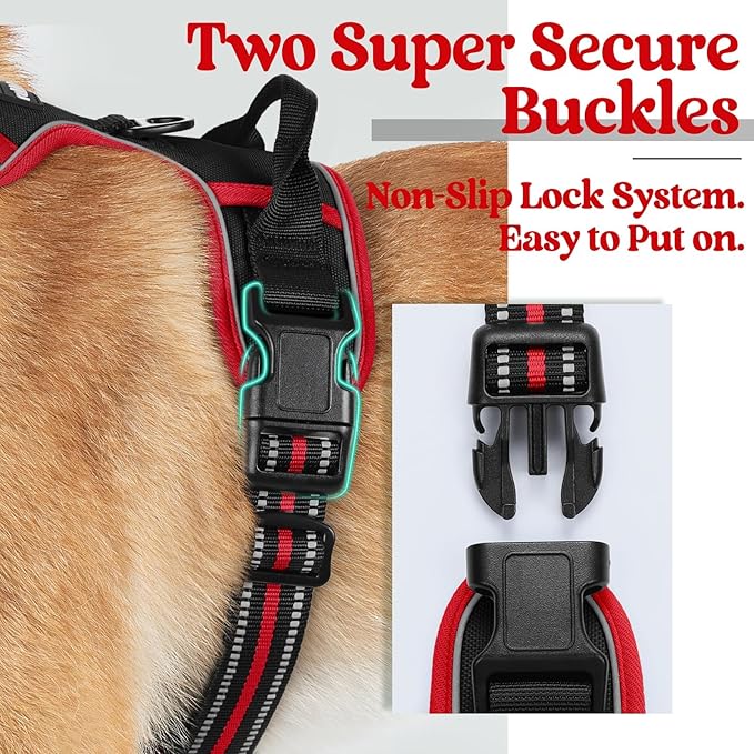 rabbitgoo Dog Harness No Pull with 2 Leash Clips, Adjustable Soft Padded, Reflective Oxford No Choke Pet Vest with Easy Control Handle for Large Dogs, Black & Red, L