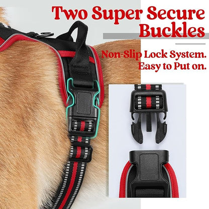 rabbitgoo Dog Harness No Pull with 2 Leash Clips, Adjustable Soft Padded, Reflective Oxford No Choke Pet Vest with Easy Control Handle for Large Dogs, Black & Red, L