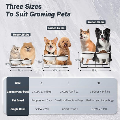 Ceramic Elevated Dog Bowl Set - Raised Food and Water Bowls with Metal Stand - Double Pet Dishes for Small and Medium Dogs - 2 Cups - 27 fl oz - Matte Whit