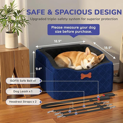 Dog Car Seat for Small Medium Dogs, 6" Elevated Dog Booster Seat with ISOFIX Safety Fixation, Washable Cover & High Density Memory Foam, Portable for Car Front/Rear/Trunk Home Outdoor Use (Navy Blue)