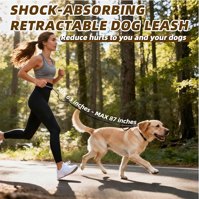 Hands Free Dog Leash with Zipper Pouch, Dual Handle Retractable Reflective Heavy Duty Bungee Leash for Small & Medium Dog Running Walking Jogging Training Hiking, Black