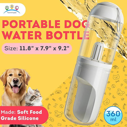 ABC Pack & Supply Dog Water Bottle Dispenser Portable, 12 oz Travel Size, Clear White ABS, One-Hand Button, Silicone Wrist Strap