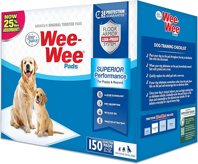 Four Paws Wee-Wee Superior Performance Unscented Pee Pads for Dogs & Puppies, Quilted Leak-Proof Dog Housebreaking Potty Training Floor Protection, 22" x 23", 50 Count