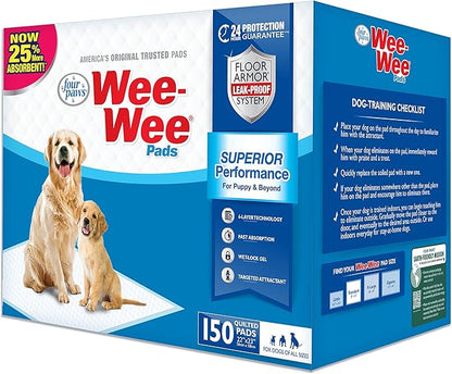 Four Paws Wee-Wee Superior Performance Unscented Pee Pads for Dogs & Puppies, Quilted Leak-Proof Dog Housebreaking Potty Training Floor Protection, 22" x 23", 100 Count