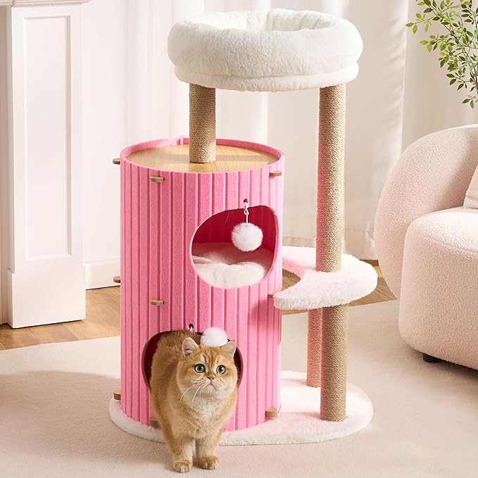 Modern Cat Tree for Indoor Cats Large Adult, 36in H Cat Tree Tower with Scratching Posts, Cozy Cat Bed Cave, Washable Cushions, Dangling Balls, Play&Nap Cat House Condo for All Breeds, Pink