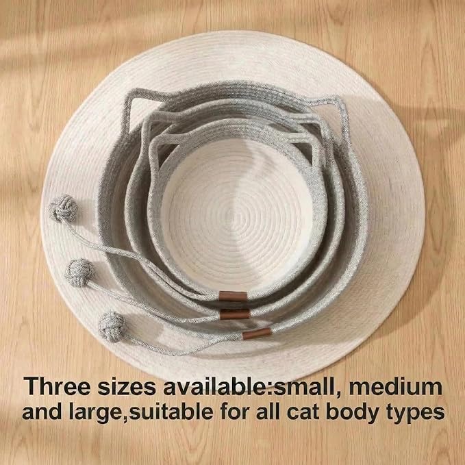Handwoven Cat Basket with Toy Rope Ball, Foldable Scratchable Cat Hammock Bed, Breathable Cat Basket for Indoor Play Rest Sleeping (Brown)