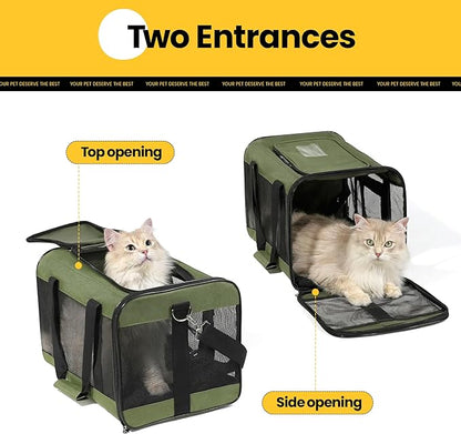 Cat Carrier Airline Approved, Soft-Sided Dog Carrier with Inner Safety Leash, Pet Transport Carrier for Small-Medium Cats Puppies up to 15 Lbs, Collapsible Travel Kitten Carrier Bag -Green M