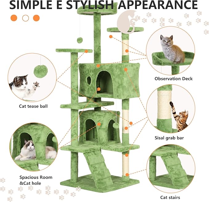 BestPet | 70" Cat Tree Tower | Green | Sturdy, Easy to Assemble, Multi-Level Activity Center with Sisal Scratching Posts, Condos, Perches, Hanging Cat Toys, Observation Decks & Ladder