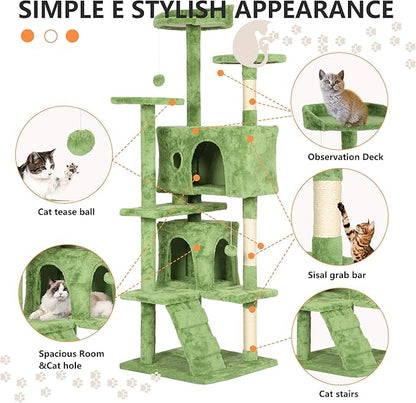 BestPet | 70" Cat Tree Tower | Green | Sturdy, Easy to Assemble, Multi-Level Activity Center with Sisal Scratching Posts, Condos, Perches, Hanging Cat Toys, Observation Decks & Ladder