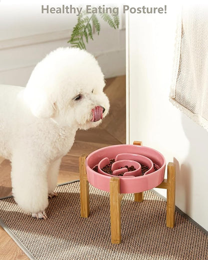 Ceramic Slow Feeder Dog Bowls Elevated, 2.0 Cups Slow Feeder for Medium Dogs, Puzzle Maze Bowl to Slow Down Eating, 30oz, 8in, Pink