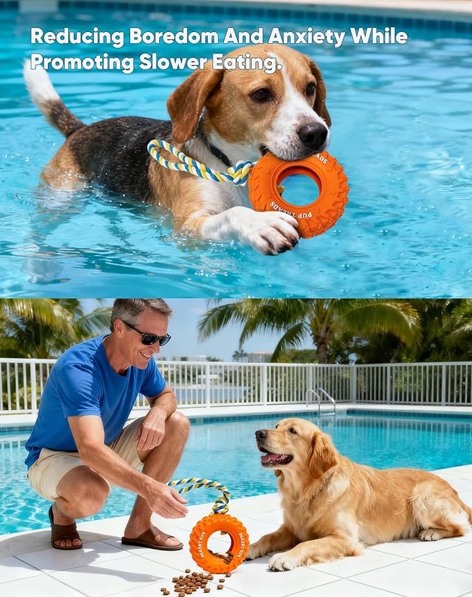 Deeow Dog Tire Toy, Treat Dispensing Chew Toy for Teething Clean and Dental Care, Natural Rubber Dog Toy for Fetching Game, Tug-of-war Interactive Slow Feeder Enrichment Pet Toy-Orange