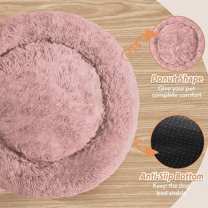 JOLLYVOGUE Calming Dog Bed Medium Size Dog, 31in Donut Washable Medium Pet Bed, Anti-Slip & Anti-Anxiety Fluffy Faux Fur Round Dogs Bed, Fits up to 45 lbs Pets (Dark Pink)