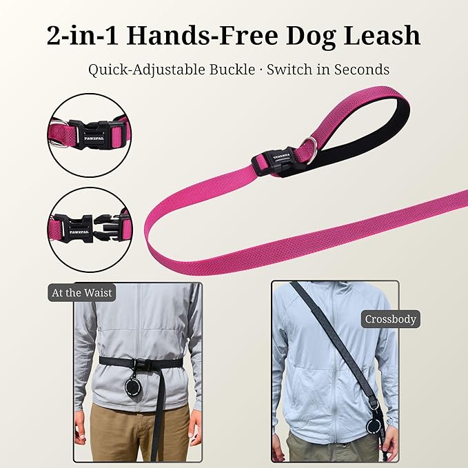8FT-10FT Hands Free Dog Leash - Adjustable Waist/Crossbody 2-in-1 Belt with Shock-Absorbing, Traffic Handle & Reflective for Hiking, Canicross & Active Lifestyles (Hot Pink)