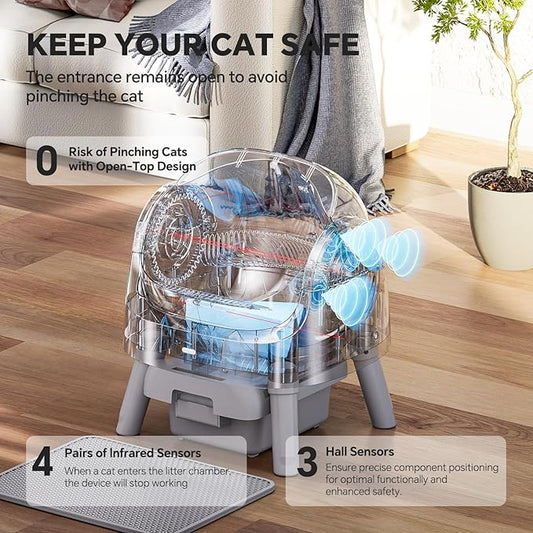 Automatic Self Cleaning Litter Box, with 4 Pairs Infrared Senor, Open-Top Design for Multi-Cat Homes, Comes with Liner Bags and Cat Litter Mat, Grey