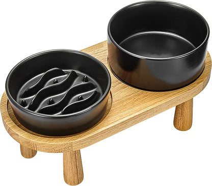 Ceramic Slow Feeder and Water Bowl Set for Small Dogs, 0.6 Cups Dog Slow Feeder(14oz) and 30oz Water Bowl Set, 6in, Black