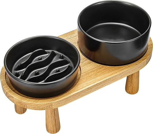 Ceramic Slow Feeder and Water Bowl Set for Small Dogs, 0.6 Cups Dog Slow Feeder(14oz) and 30oz Water Bowl Set, 6in, Black