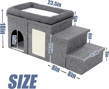 MABOZOO Window Perch, 3 Tiers 18''H Bedside Bed Stairs With Level Platform and Storage, Foldable Pet Stairs for Bed and Couch, Steps for Small, Medium, Large Dog, Cat or Pets