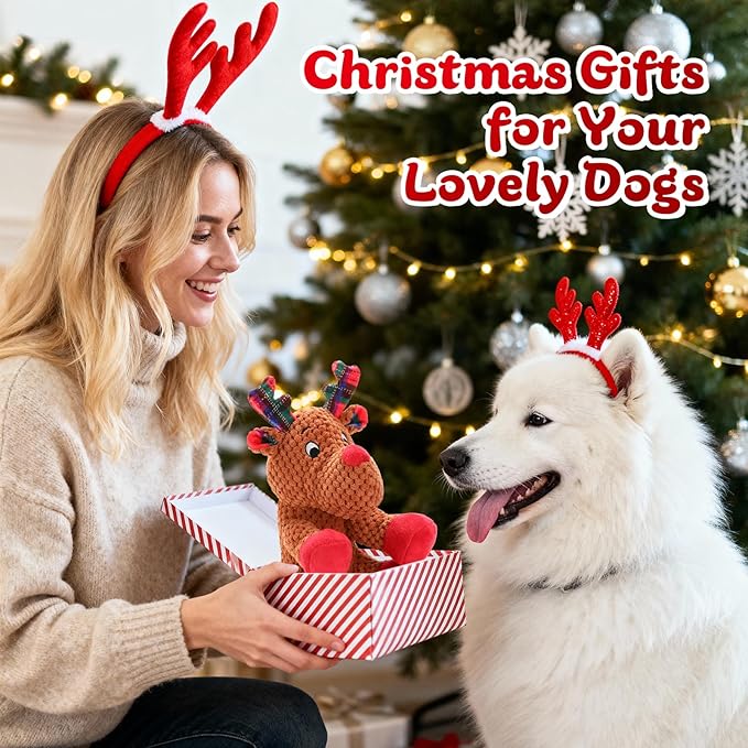 Christmas Dog Toys, Tough Dog Squeaky Toys with Crinkle Paper, Interactive Plush Puppy Chew Toys,Cute Christmas Reindeer Dog Toys, Adorable Dog Gifts for Small, Middle,Large Dogs