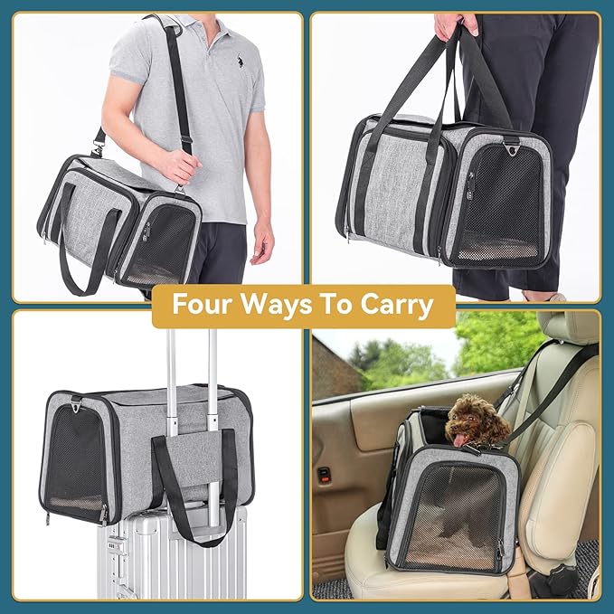 Petsfit Expandable Cat Carrier, 16"X10" X9" Pet Carrier Airline Approved, Soft-Sided Collapsible, Pet Carrier with Locking Safety Zippers, Removable Soft Plush Mat, Pocket for Pets up to 10lbs, Gray,S