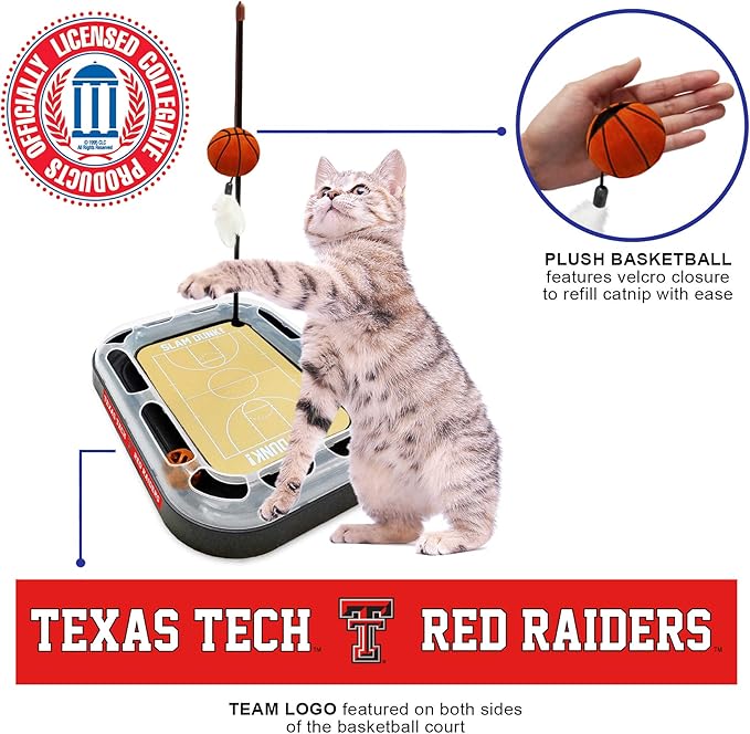 Pets First Cat Scratch Toy NCAA Texas TECH Red Raiders Reversible Basketball Court Felt/Cardboard Toy. Bell Tracks. 6-in-1 CAT Toy: Cat Wand Poll Catnip-Filled Plush Basketball (TT-5017-BB)