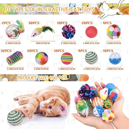 Shappy 150 Pcs Cat Toys for Indoor Cats Bulk, Kitten Toys Pack, Variety Interactive Gift Including Mice Rainbow Balls Spring Crinkle Balls Gift for Kitty Kitten Cat(Classic)