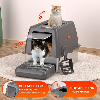 XXXL Stainless Steel Litter Box with Lid,28" L*20" W*18" H Extra Large Metal Cat Litter Boxs, Jumbo Enclosed Litter Box for Big Cats and Multi-Cat Households,Non-Sticky, Anti-Leakage, Easy to Clean